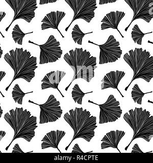 Ginkgo Biloba pianta modello senza giunture, grandi foglie nere sagome su bianco. Illustrazione monocromatica. Medicina Ayurvedica Tema. Struttura giapponese. Foto Stock