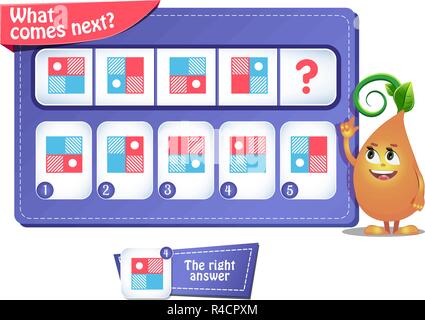 Gioco educativo per bambini e adulti. Sviluppo della logica, iq. Gioco di attività qual è il prossimo passo da compiere? Illustrazione Vettoriale