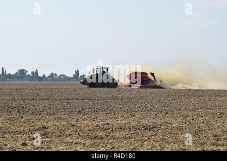 Il trattore corre sul campo e rende il fertilizzante nel terreno. Fertilizzanti dopo aratura del campo. Foto Stock