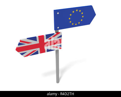 Brexit: UK e UE Cartello stradale rivolte in direzioni opposte, 3d illustrazione Foto Stock