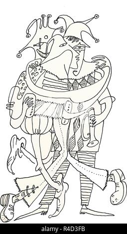 Tre simpatici clown - si tratta di cartoon e nero-bianco inchiostro disegno divertente Illustrazione Vettoriale