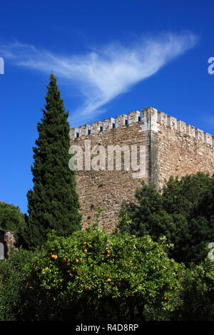 Il Portogallo, regione Alentejo, Vila Vicosa. La medievale torre del castello e dei giardini circostanti. Cielo blu chiaro e bellissimo cirrus cloudscape. Foto Stock