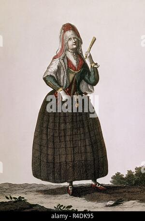 COLECCION DE TRAJES DE ESPAÑA-1777-MAJA-GRABADO S XVIII-TIPOS POPULARES. Autore: CRUZ CANO Y OLMEDILLA JUAN DE LA. Posizione: Collezione privata. La Francia. Foto Stock