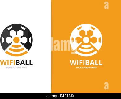 Vector soccer e il wifi e la combinazione di logo. La sfera e il segnale di simbolo o icona. Calcio unico e radio, internet logotipo di modello di progettazione. Illustrazione Vettoriale