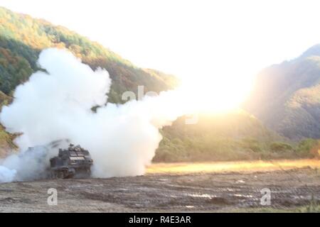 Pocheon, Corea del Sud - Multiple Launch Rocket System (LMR) il suo equipaggio da Alfa batteria, 6° Battaglione, 37th campo reggimento di artiglieria, 210th campo brigata di artiglieria condotta dal vivo un esercizio di fuoco, Ott 25, Valle del razzo a Pocheon. Tutti i tre gli equipaggi che sparò quel giorno erano qualificati, è in grado di sparare fuoco tre missioni ciascuna. Foto Stock