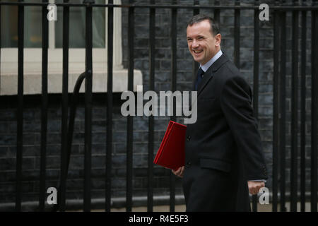 Londra, Regno Unito. 26 Nov, 2018. Segretario di Stato britannico per il Galles Alun Cairns arriva per una riunione del gabinetto al 10 di Downing Street a Londra, Regno Unito, su nov. 26, 2018. Il Britannico il voto del Parlamento sulla trattativa Brexit è prevista per il 11 dicembre, il Primo Ministro britannico Theresa Maggio ha confermato il lunedì. Credito: Tim Irlanda/Xinhua/Alamy Live News Foto Stock