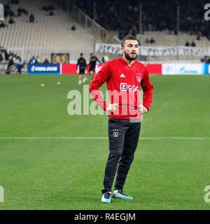 Atene, Grecia. 27 Novembre, 2018. Atene, Stadio Olimpico, AEK Atene FC - Ajax , calcio, Champions League, stagione 2018-2019, 27-11-2018, Ajax player Zakaria Labyad sconsolato prima che il gioco AEK Atene - Ajax . Credito: Pro scatti/Alamy Live News Foto Stock