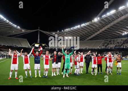 Atene, Grecia. 27 Novembre, 2018. Atene, Stadio Olimpico, AEK Atene FC - Ajax , calcio, Champions League, stagione 2018-2019, 27-11-2018, Ajax celebrando la vittoria dopo la partita AEK Atene - Ajax (0-2) . Credito: Pro scatti/Alamy Live News Foto Stock