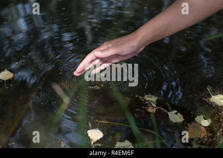 Donna immergendo la mano in un fiume, Bulgaria Foto Stock