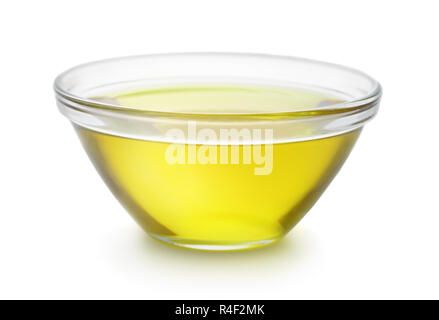 Ciotola di vetro di olio d'oliva isolato su bianco Foto Stock