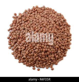 Vista superiore del marrone e secca lenticchie isolato su bianco Foto Stock