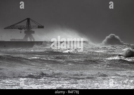 Grandi onde durante una tempesta nel litorale portoghese - lato nord del porto di Leixoes - Porto Foto Stock