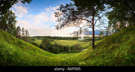 Panorama del paesaggio della valle del fiume con un pino solitario sul alto banca in primo piano e i campi e prati e foreste e nuvole bianche in th Foto Stock