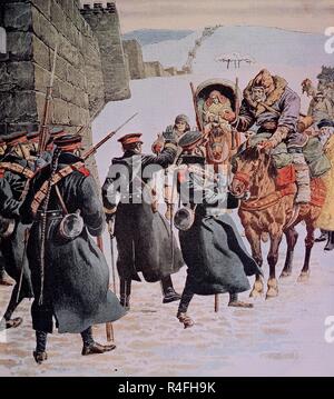 GUERRA RUSO JAPONESA - PESTE EN la Manciuria-TROPAS CHINAS ARRESTAN A LOS QUE HUYEN DE LA EPIDEMIA CERCA DE LA GRAN MURALLA - 1911 - Le Petit Journal. Posizione: Collezione privata. La Francia. Foto Stock