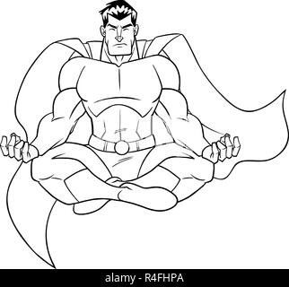 Il supereroe meditando Line Art Illustrazione Vettoriale