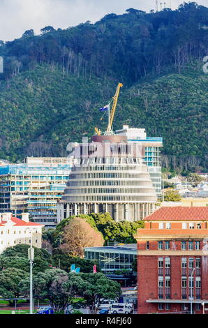 Wellington, Nuova Zelanda - 25 agosto 2017: la mattina presto nell'area CBD della capitale della Nuova Zelanda. Foto Stock