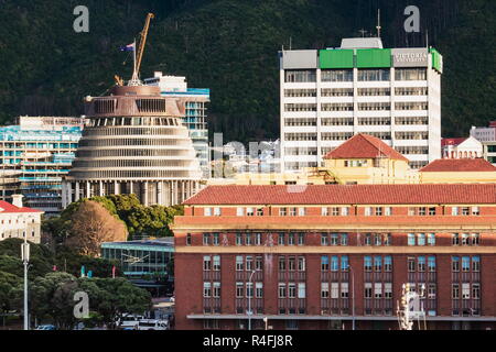 Wellington, Nuova Zelanda - 25 agosto 2017: la mattina presto nell'area CBD della capitale della Nuova Zelanda. Foto Stock