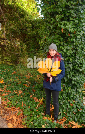 Giovane donna tiene un grande giallo ippocastano Foglie di autunno. Foto Stock