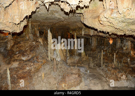 Stalattiti e stalagmiti in König-Otto dripstone grotta, Velburg, Alto Palatinato, Baviera, Germania Foto Stock