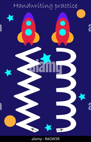 Tracciare la via di due razzi, la pratica della scrittura a mano foglio per entrambe le mani, i bambini in età prescolare, attività di sviluppo del gioco per bambini, a sinistra e a destra gli emisferi o Illustrazione Vettoriale