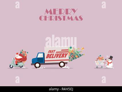 Santa Claus guidare una moto in seguito dal carrello e il pupazzo di spingere un carrello della spesa. Natale servizio di consegna illustrazione vettoriale Illustrazione Vettoriale