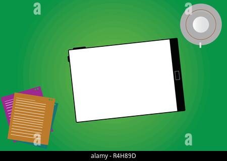 Business Design Concept copia vuota dello spazio astratto moderno sfondo. Tablet schermata vuota tazza piattino e fogli di Riempimento Vuoto sul colore di sfondo Illustrazione Vettoriale
