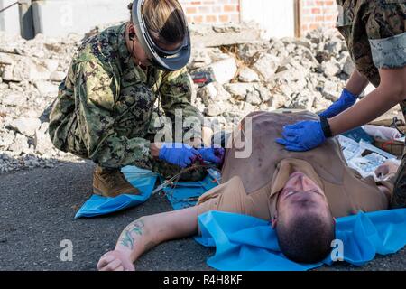 Lt. Allison Cristo un unità di cura intensiva infermiere con la Telecritical unità mediche a Navel Medical Center di San Diego e un corpsman con 1° Battaglione medico da Camp Pendleton, California inserire un tubo del torace in una simulazione del paziente come parte di un peer-to-peer exchange medica durante il seminario di San Francisco la settimana della flotta, Ottobre 3, 2018. Il corpsmen utilizzato Microsoft Hololens, un display olografico auricolare che consente a medici, off-site, per vedere e istruire gli individui in un ambiente di campo, durante il trasporto di un paziente in un ospedale non è un'opzione. L'esercizio innovati incorporato Foto Stock