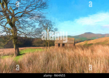 Un acquerello digitale della vista di una lontana Shutlingsloe hill nel Cheshire, il Parco Nazionale di Peak District. Foto Stock