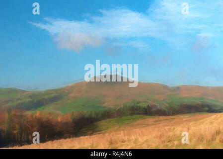 Un acquerello digitale della vista di una lontana Shutlingsloe hill nel Cheshire, il Parco Nazionale di Peak District, UK. Foto Stock