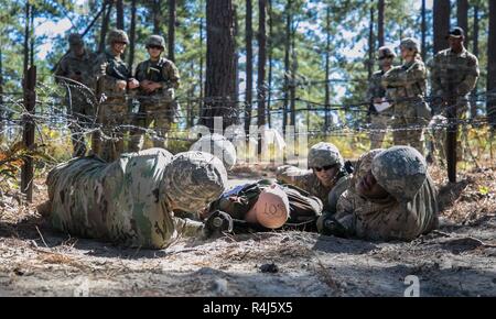 I candidati che partecipano per l'esperto del campo Badge medico smontare e rimontare un M4 fucile come rapidamente come possibile durante la fase di standardizzazione dei test EFMB sulla Fort Bragg, N.C., Ottobre 30, 2018. La prima settimana di test introduce i candidati di tutte le attività che saranno tenuti a completare per guadagnare l'ambita badge. Il EFMB fu stabilito per mostrare e riconoscere i soldati medica per la loro eccezionale livello di abilità e competenze in campo medico. La prova consiste in un esame scritto, navigazione terrestre, tre distinte prove di combattimento corsie e si conclude con un 12-mile Foto Stock