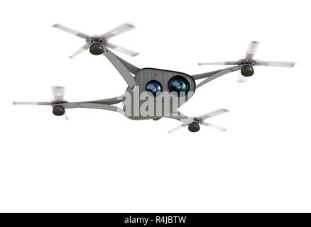 Isolato moderno drone telecamera in volo, vista frontale del futuristico concetto nero 3D illustrazione Foto Stock