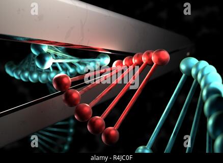 Il DNA tagliato il gene difettoso da una piattaforma a forbice 3d illustrazione Foto Stock