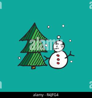 Natale pupazzi di neve e albero di Natale doodle vettore. Vacanza festival e concetto. Buon Natale e felice anno nuovo tema Illustrazione Vettoriale