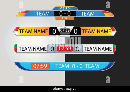 Live scoreboard sullo schermo digitale modello grafico per la radiodiffusione di calcio, calcio o calcetto, illustrazione vettoriale modello di progettazione per il campionato di calcio Illustrazione Vettoriale