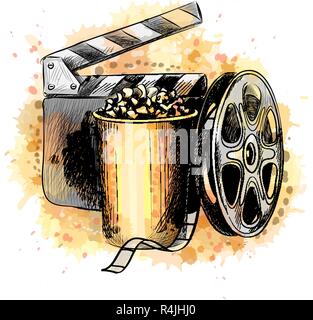 Cinematografo concept design banner modello con popcorn, bobina di film, nastro a pellicola Illustrazione Vettoriale