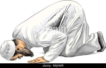 Uomo musulmano di pregare, mano bozzetto, illustrazione di vernici Illustrazione Vettoriale