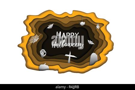 Happy Halloween giorno carta intagliare lo sfondo. Carino paperart e documenti concetto per ghost greeting card materiale. Cartoon artwork poster. Holiday vect Illustrazione Vettoriale