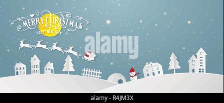 Buon Natale città nevoso giorno notte e felice anno nuovo blu festival natalizio di fine anno parte silhouette Santa Claus e cervi decorazione greeting card abs Illustrazione Vettoriale