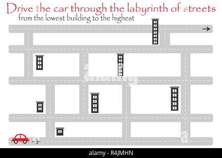 Guidare la macchina attraverso il labirinto di strade, dal più basso edificio, divertente gioco di educazione per i bambini in età prescolare, attività per i bambini, compito del labirinto di svil Illustrazione Vettoriale