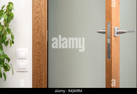 Aprire lo sportello interno. Close-up della maniglia della porta e la serratura. Interruttori di bianco sulla parete Foto Stock