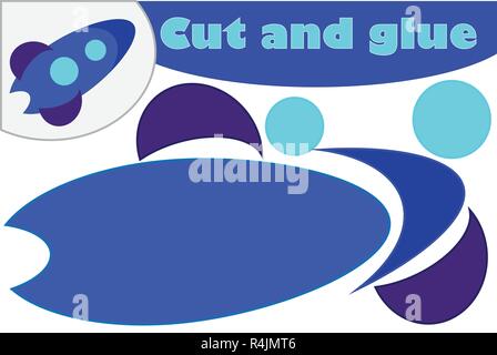 Rocket in stile cartoon, educazione gioco per lo sviluppo dei bambini di età prescolare, utilizzare forbici e colla per creare l'applique, tagliare parti di imag Illustrazione Vettoriale