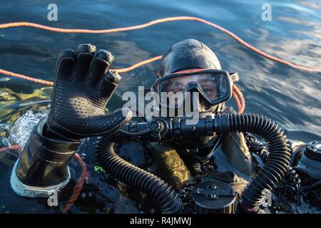 I subacquei di Marina reale olandese miniera hunter HNLMS Makkum dive sull esercizio delle miniere Ottobre 27, 2018 come parte di un trapano durante l'esercitazione NATO Trident frangente nei fiordi vicino Molde, Norvegia. Con circa 50.000 personale partecipante in Trident frangente 2018, è uno dei più grandi esercitazioni NATO negli ultimi anni. Circa 250 velivoli, 65 navi e più di 10.000 veicoli sono coinvolti nell'esercizio in Norvegia. Foto Stock