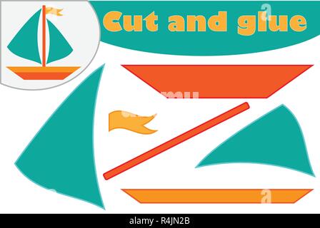 Nave in stile cartoon, educazione gioco per lo sviluppo dei bambini di età prescolare, utilizzare forbici e colla per creare l'applique, tagliare parti dell'immagine Illustrazione Vettoriale