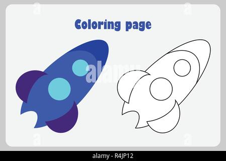 Rocket in stile cartoon, colorazione pagina, educazione gioco della carta per lo sviluppo dei bambini, i bambini in età prescolare attività, foglio di lavoro stampabile, vettore Illustrazione Vettoriale