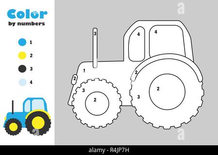 Trattore in stile cartoon, colore mediante il numero di carta di educazione gioco per lo sviluppo dei bambini, la colorazione pagina, i bambini in età prescolare attività stampabile, wor Illustrazione Vettoriale