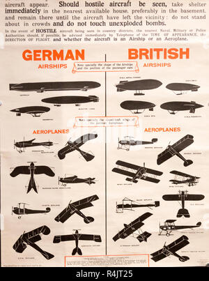 Poster di identificazione per il britannico e tedesco esercito militare aeroplani e dirigibili della Prima Guerra Mondiale, Radstock Museum, Somerset, Inghilterra, Regno Unito Foto Stock