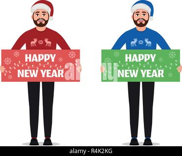 L'uomo detiene il poster Felice Anno Nuovo. Congratulazioni per il felice anno nuovo illustrazione vettoriale su sfondo bianco Illustrazione Vettoriale