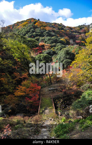 Ponte arrugginito nel mezzo di autmn moutain sotto il cielo blu Foto Stock