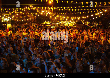 KIEV-11 luglio,2018: grande gruppo di giovani sulla festa festival musicale estivo Bazar all'esterno.Fan di concerto di muovere le mani al musicista preferito perfroming o Foto Stock