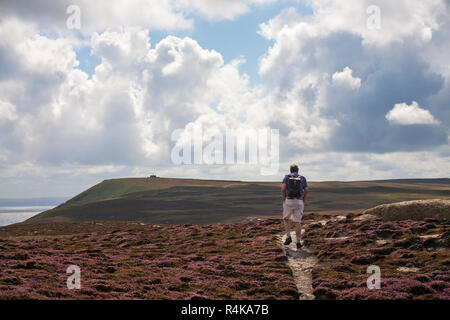 Uomo che cammina lungo il percorso con Tibbetts, precedentemente Admiralty Lookout post in distanza a Lundy Island, Devon, Inghilterra Regno Unito nel mese di agosto Foto Stock